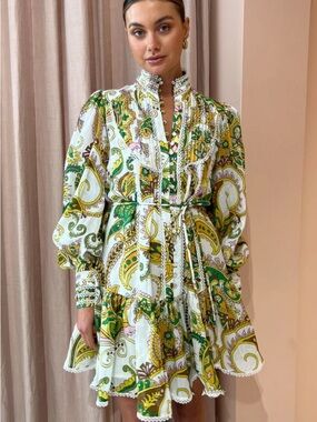 Alemais Paisley Tie-Waist Mini Dress in Green, Yellow & Cream